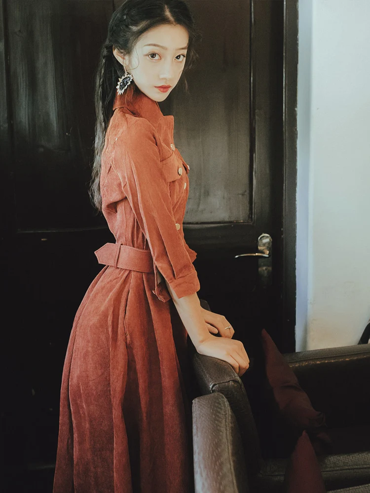 Леди темперамент ретро вельветовое платье Осень Зима Женское однотонное с