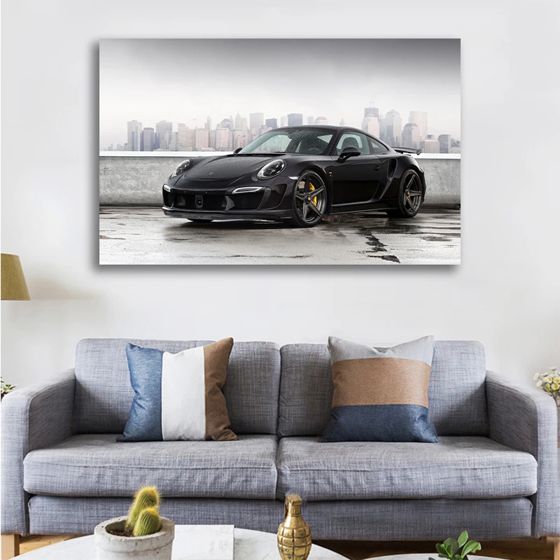 

Modern Rooftop Black Supercar Porsche Turbo S Racing Home Office Decoration Canvas Painting Wall Art Painting Living Room