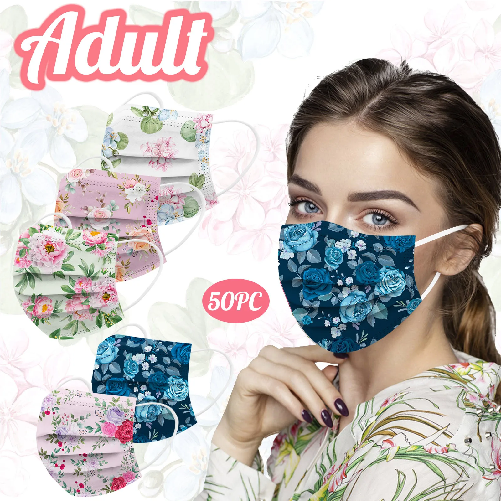 

50pc Fashion Floral Face Mask For Women Disposable Printed 3layer Mouth Mask For Face Cover Dustproof Pm2.5 Maske Decoration