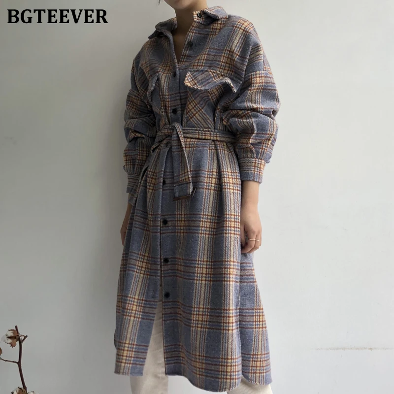 

BGTEEVER Casual Lapel Patchwork Plaid Long Blend Coats for Women Autumn Oversized Lace-up Female Single-breasted Woolen Jackets