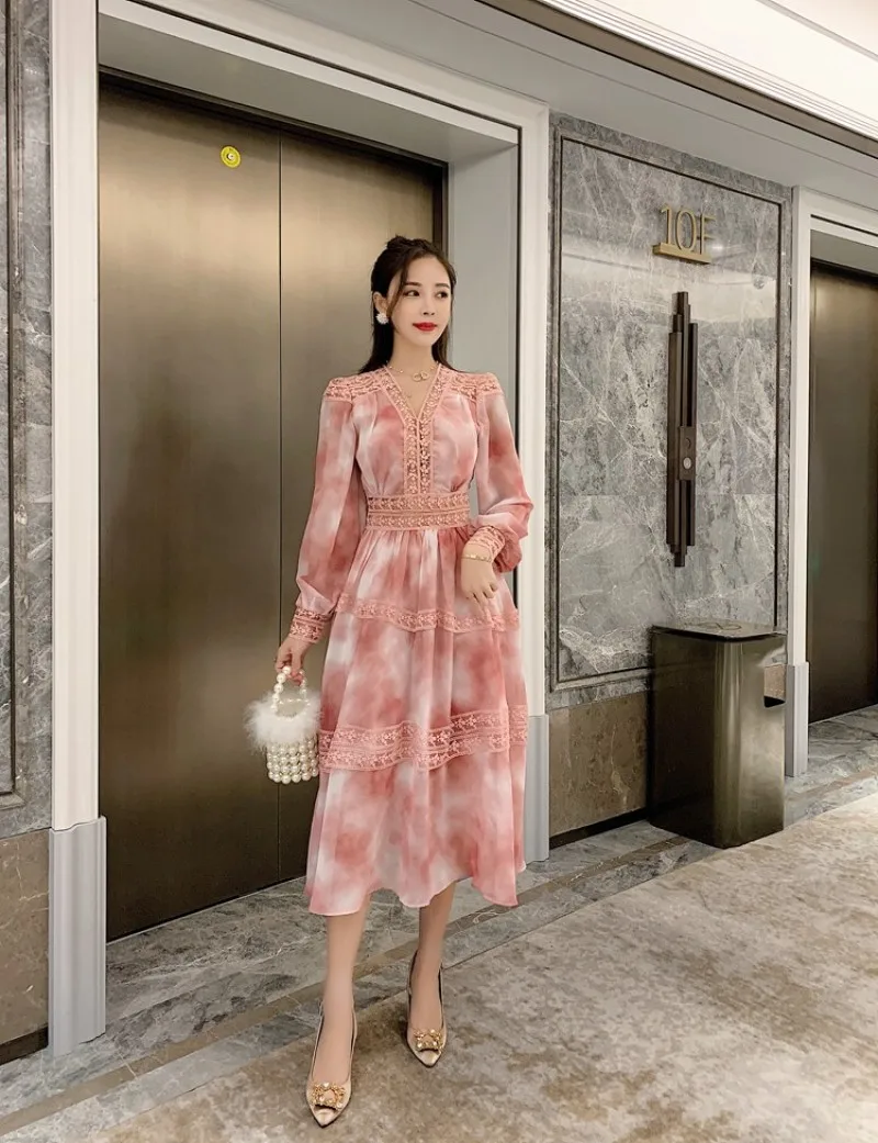 

YAMDI lace patchwork chiffon dress party a-line boho spring summer 2020 runway long sleeve vintage luxury elegant dresses women