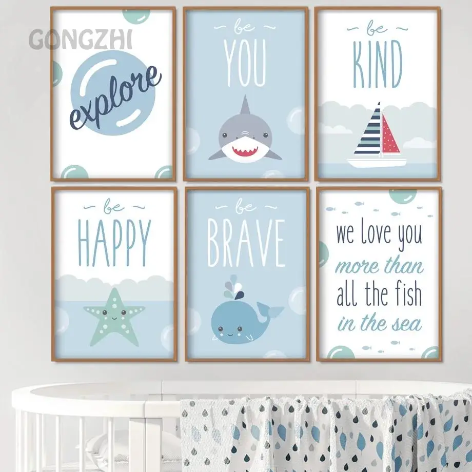 

Nordic Cartoon Animal Canvas Painting Dolphin Starfish Wall Art Poster Modern Print and Picture Home Decor Childrens Room Mural