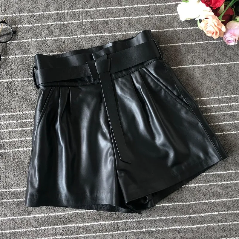 Autumn Sheepskin Short Women High Waist A-Line Real Leather Wide Legged Shorts Casual Fashion Designer Sashes Push Up Hotpants