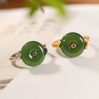 s925 sterling silver gold plated natural hetian jade ring personality simple peace buckle womens open ring