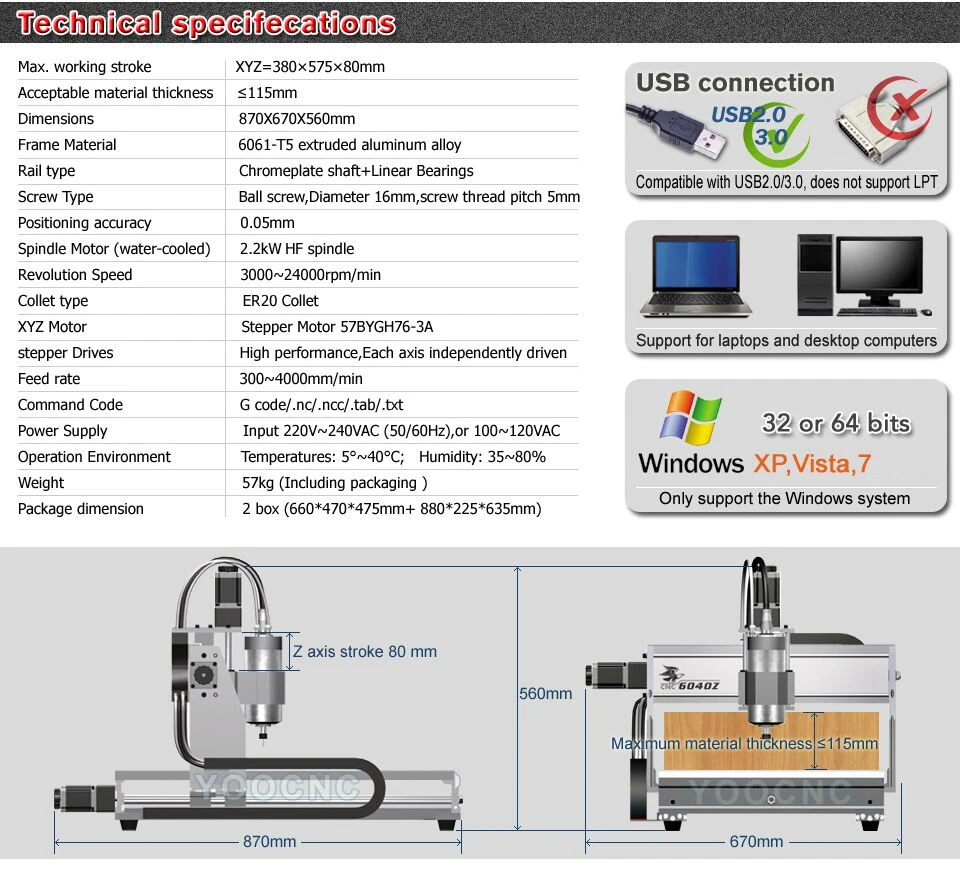 EU Free VAT 4 axis CNC 6040 2200w 2.2KW USB port Mach3 Router / Milling Machine Engraver Engraving 220V/AC | Инструменты