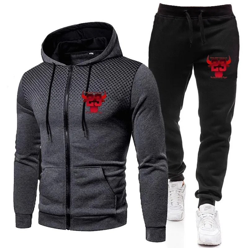 

Spring and Autumn Men's Fashion New Sportswear Set Hoodie Zipper Casual Wear Two-piece Printed Fitness Sweater Pullover Set