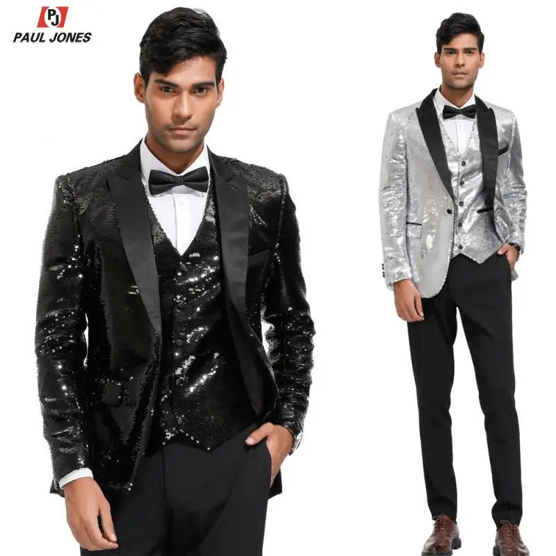 Мужской блейзер с блестящими пайетками от PAUL JONES приталенный пиджак отворотом на