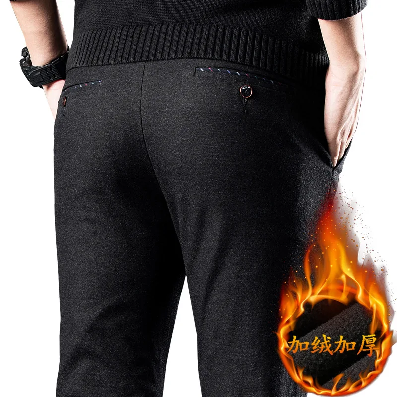 

Winter Casual Wear Fleece Mill Pants Men High Waist Straight High Quality Cotton Blue Men Stright Suit Trousers For Men Size 40
