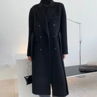 2020 winter over knee style turn down collar long sleeved solid color straight minimalist woolen overcoat with belt c591