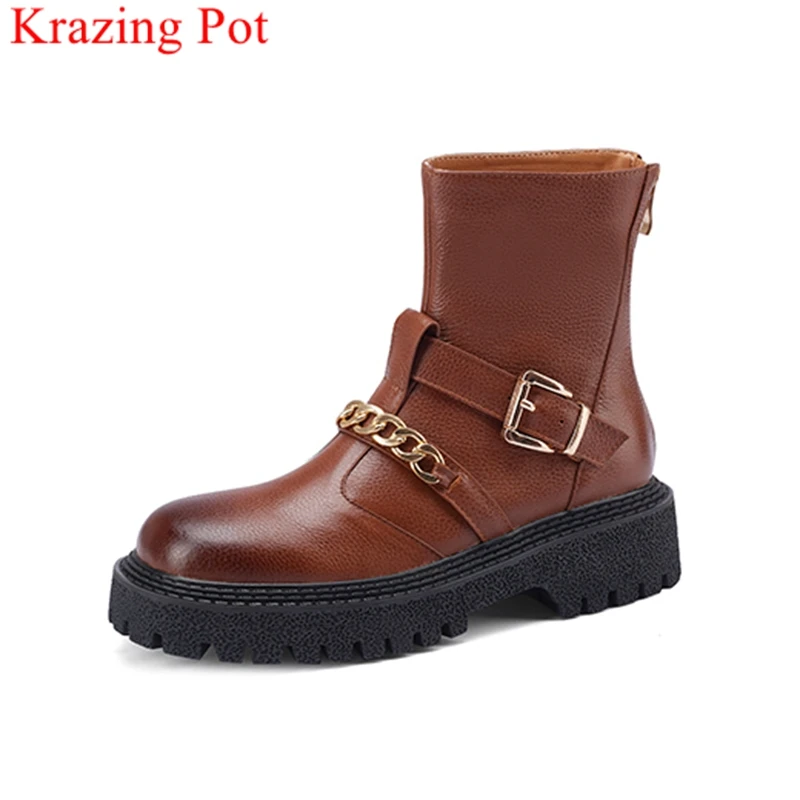 

Krazing Pot handmade cow leather round toe vintage Chelsea boots warm winter shoes chain office lady mature classics ankle boots