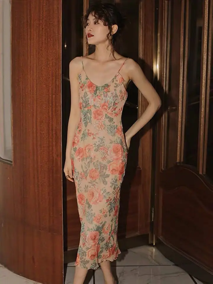 Винтажное летнее Женское Платье макси с цветочным принтом элегантный узкий