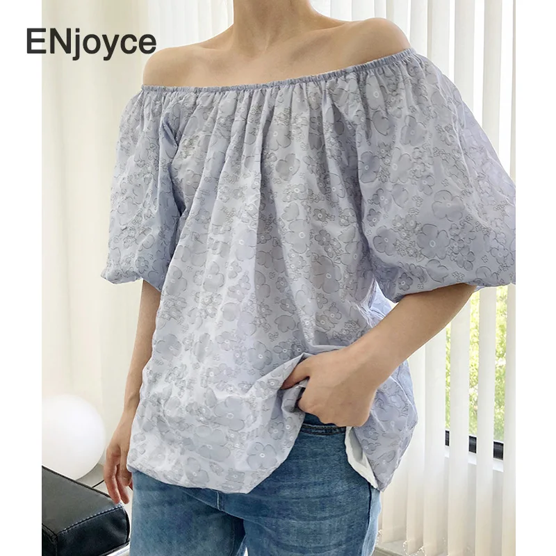 

Trendy Off Shoulder Blouses Korean Style Floral Ladies Puff Sleeve Chic Shirts Casual Loose Clothes Summer Tops Women 2021