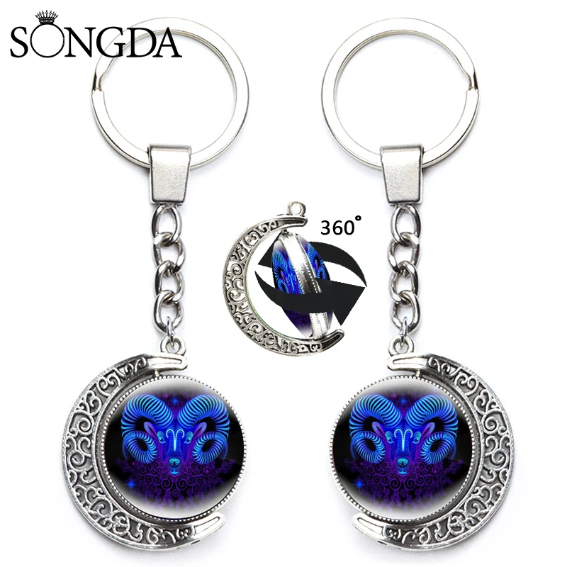 

1Pcs 12 Zodiac Signs Constellation Keychain 360 Degree Rotating Moon Pendant Chain Metal KeyRing Bag Accessories New Year Gift