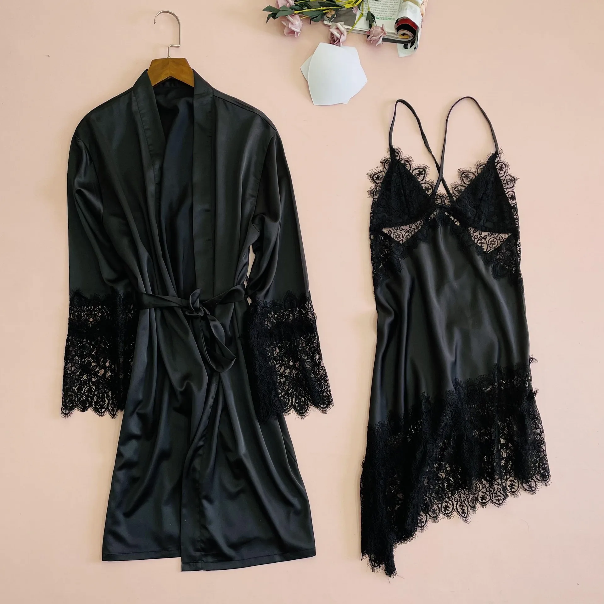 Комплект женского кружевного свадебного халата из 2 предметов пикантное кимоно