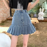 denim skirt female retro pleated skirt summer new korean version of the high waisted thin all match a line skirt