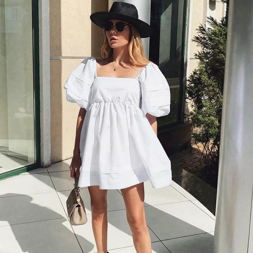 

LEXIE ZHANG Summer 2021 New Fashion Elegant Women's High Waist Sexy Backless Collared Skirt Bubble Sleeve White Dress