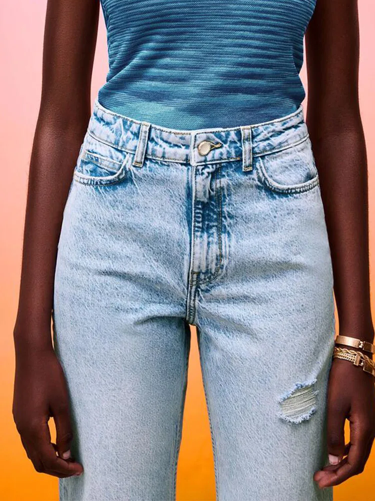 

ZA summer new women's fashion all-match temperament high-waist straight-leg pants ripped jeans