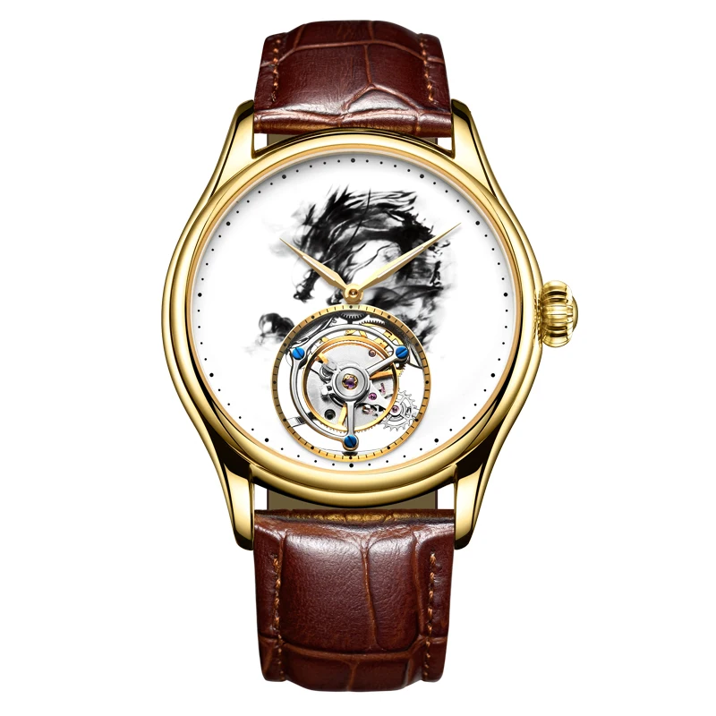 Новый Tourbillon механические часы для мужчин полые Мужской Дракон роскошные кожаные