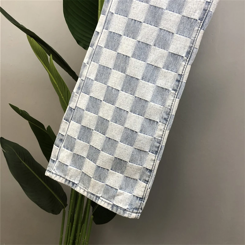 

SHENGPALAE streetwear plaid jeans women's spring summer 2021 new high waist contrast color straight denim pants female tide