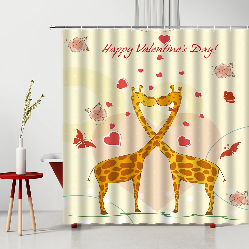 

Children Shower Curtain Set Cute Cartoons Couple Deer Waterproof Polyester Fabric Mildew Proof Bathtub Decor With Hooks