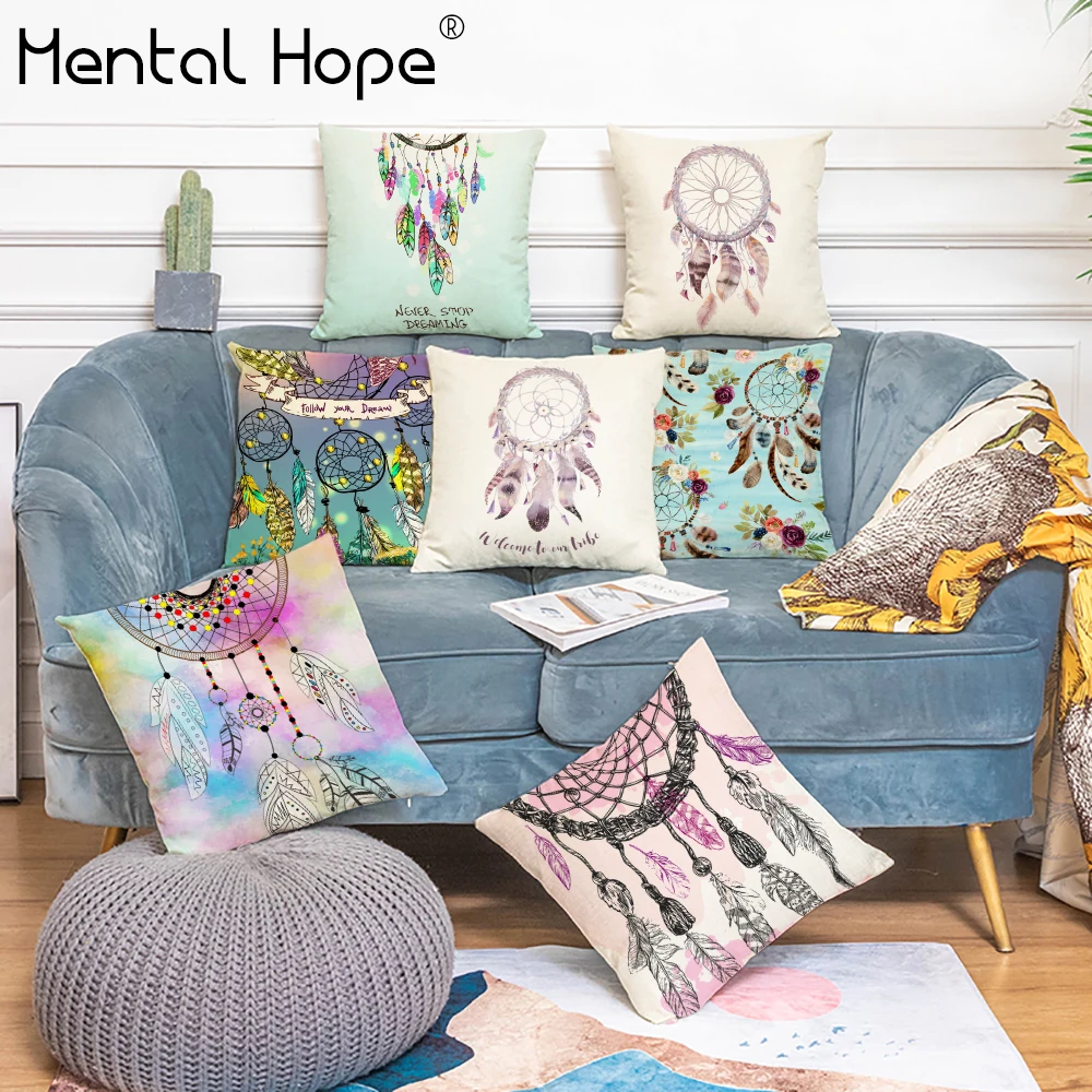 Декоративная наволочка с принтом Ловца снов льняная хлопковая рисунком перьев
