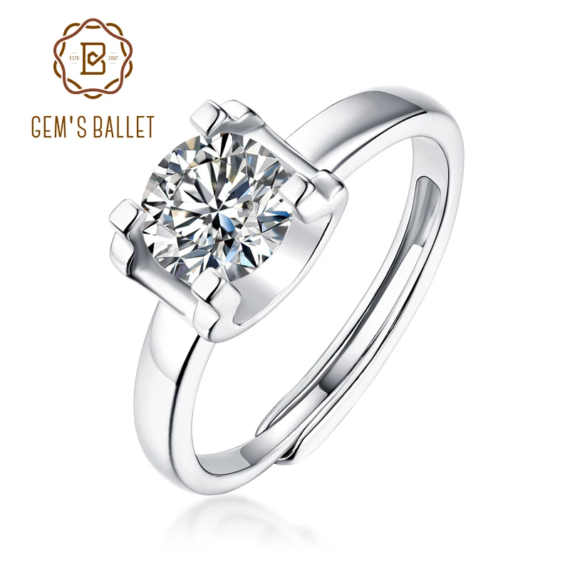 

GEM'S BALLET 925 Sterling Silver Adjustable Rings Moissanite Wedding Jewelry with 1.0Ct D Color Twinkle Stone Moissanite Diamond