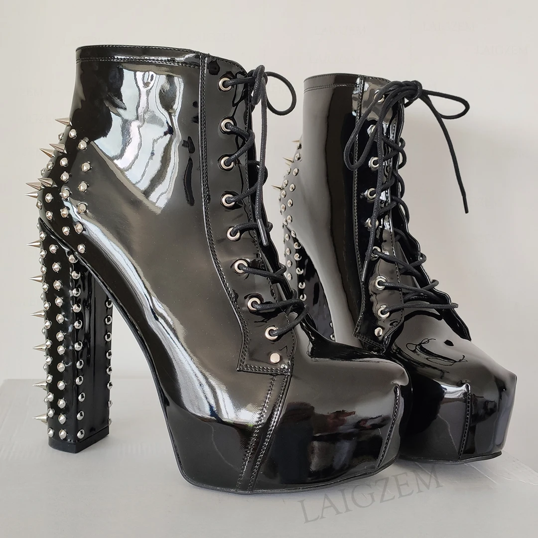 

BERZIMER Women Ankle Boots Shiny Round Toe Rivets Chunky Square Heels Booties Casual Lady Black Shoes Woman Large Size 44 46 47