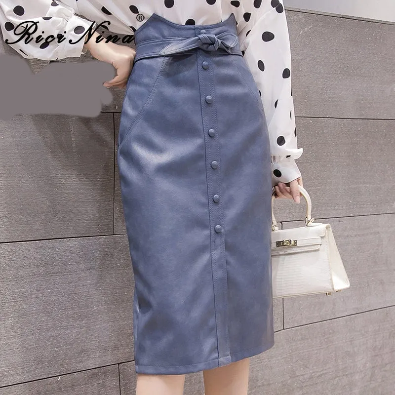 White Skirt women RICININA, женские юбки, Осень-зима, на пуговицах, с бантом, одноцветная, миди юбка, кожа, для женщин, s, макси, Jupe Femme Ete Longue, юбка-карандаш, Mujer - Цвет: White Skirt women