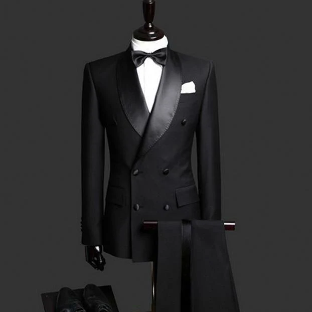 

Роскошный черный свадебный смокинг для жениха по индивидуальному заказу, новинка, 2 предмета, Официальный двубортный мужской костюм для вечеринки, выпускного, жениха, пиджак и брюки