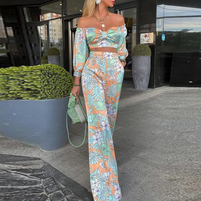 

Fashion Autumn 2 Piece Sets Women Holiday Beach Summer Puff Sleeve Tops + Elegant Long Print Higeh Waist Pants Lady Suits Mujer