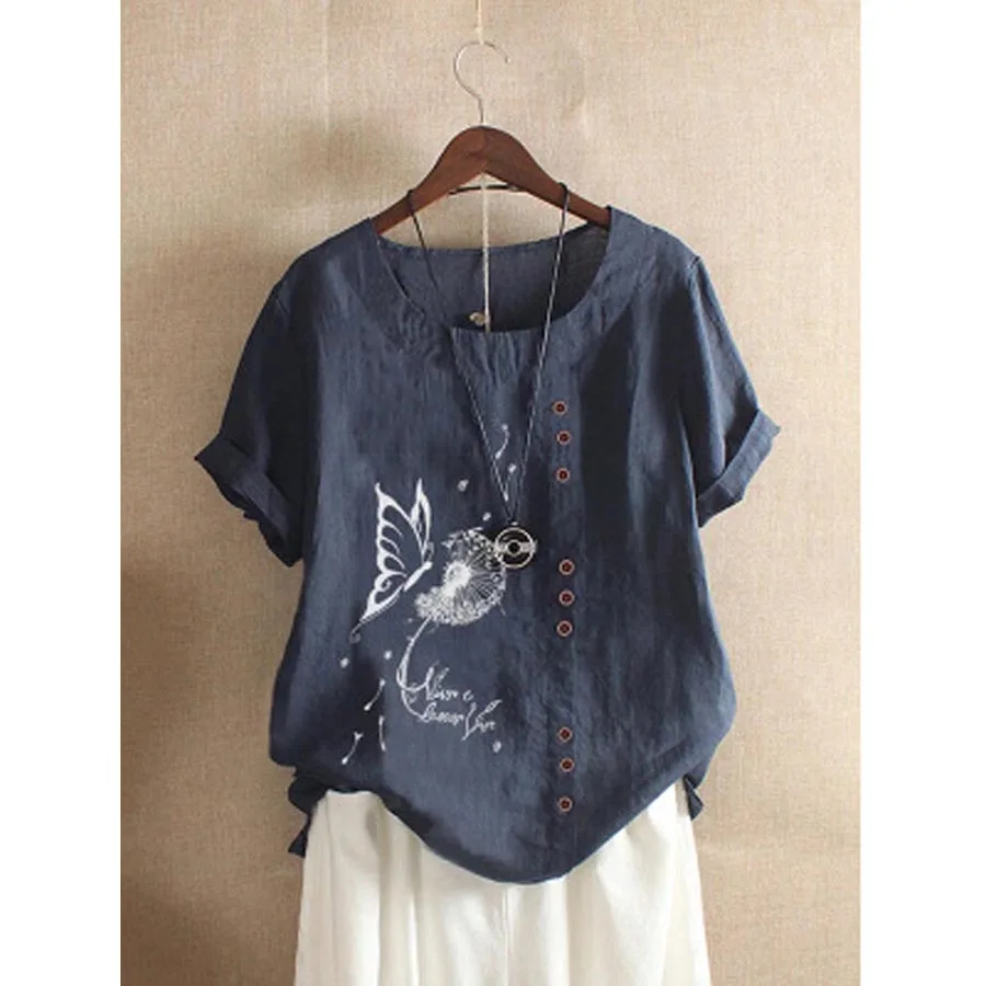 

DIOROBBEN large Size Summer New Women Blouses Casual Short Sleeve O-Neck Cotton Linen Shirt women loose butterfly printed top