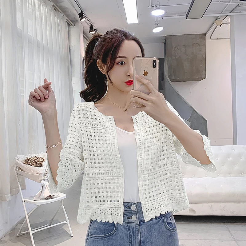 

Короткая шаль в Корейском стиле, вязаный свитер с вырезами, кардиган, маленькое пальто, женский свободный и сказочный солнцезащитный Топ, пр...