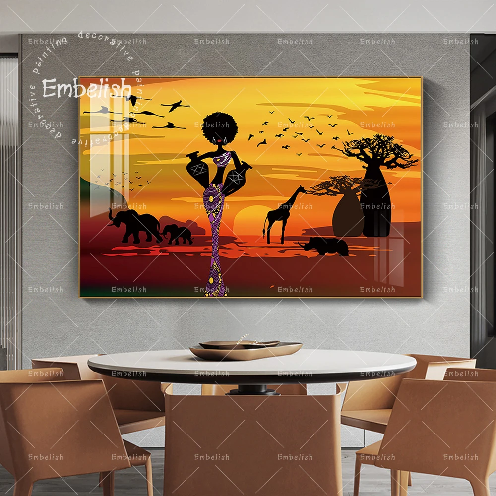 

African Woman And Tree Sunset Landscape Wall Art Pictures For Living Room Modern Home Decor HD Spray On Canvas Oil Paintings