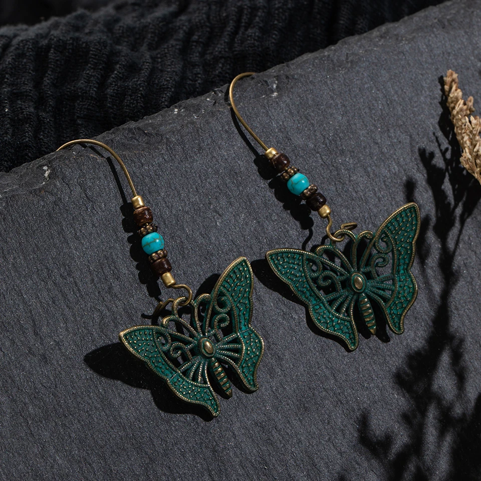 Boho винтажные античные длинные висячие серьги с зеленой бабочкой для женщин za модный подарок для свадьбы индийские аксессуары и украшения