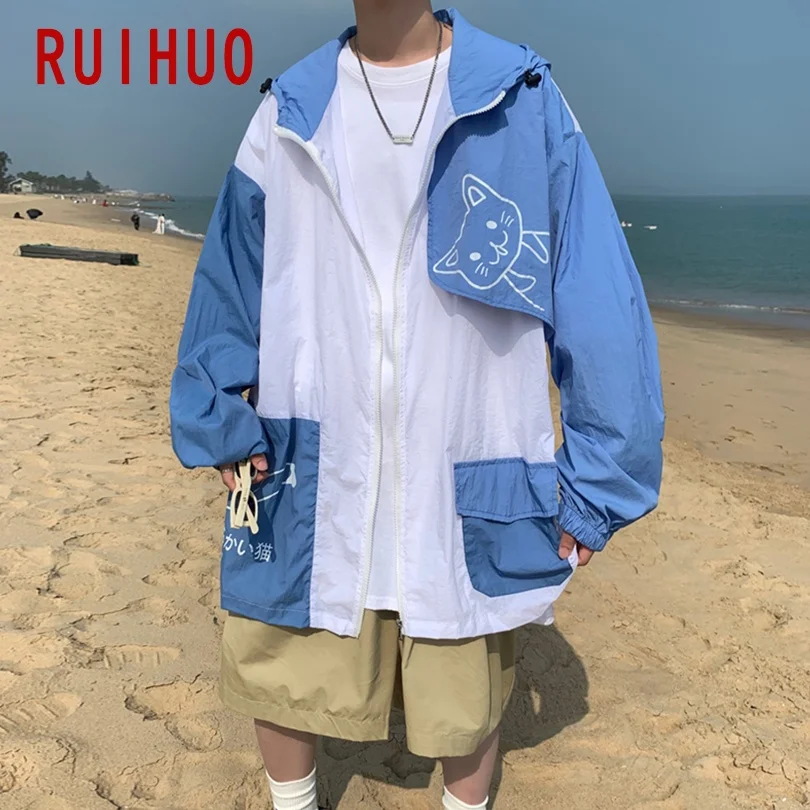 

RUIHUO Cartoon Hooded Summer Jacket Men Clothing Japanese Streetwear College Jacket For Men Style 3XL 2021 New Arrivals