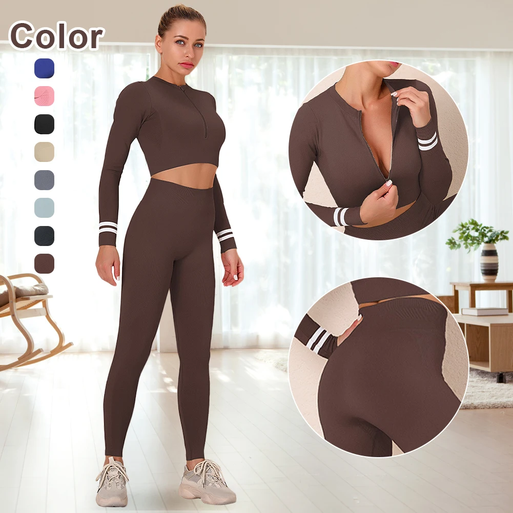 

Women Yoga Workout Outfits 2-Piece Seamless High Waisted Leggings + Long Sleeve Crop Top Sportwear for Gym Fitness Exercise