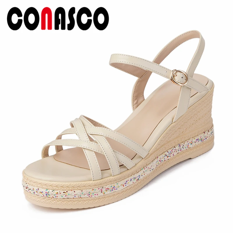 

CONASCO Genuine Leather Wedges Heels Women Sandals Fashion Concise Cross-Tied Pumps New Platforms 2021 Summer Shoes Woman Casual