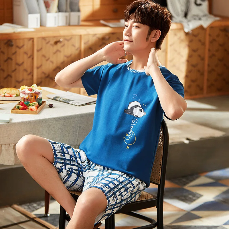

Short Sleeve Cartoon Cute Casual Sleep Plus Size 3XL Short Sleeve Sleepwear Summer Men's Cotton Panda Letter Round Neck Homewear