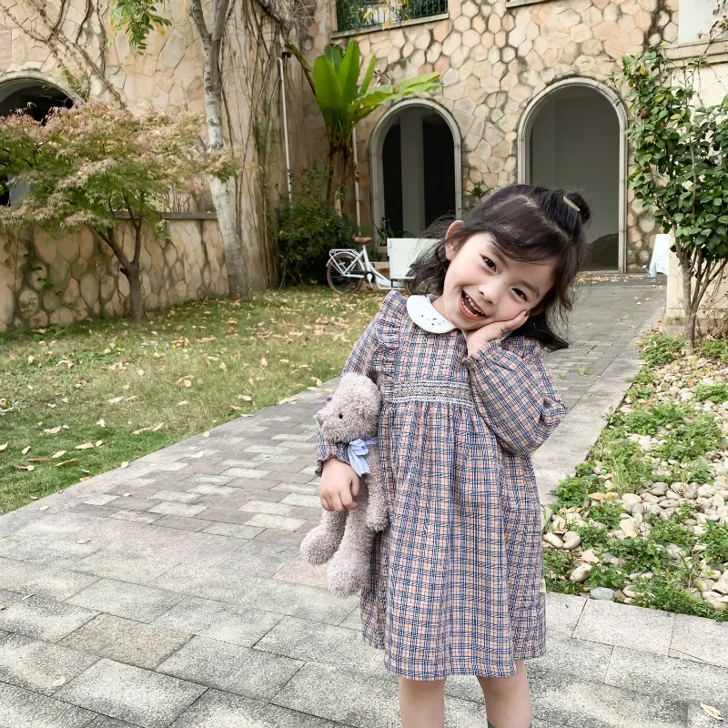 Spring New Arrival korean style cotton plaid long sleeve princess dress with letters embroidered collar for cute sweet baby girl | Детская