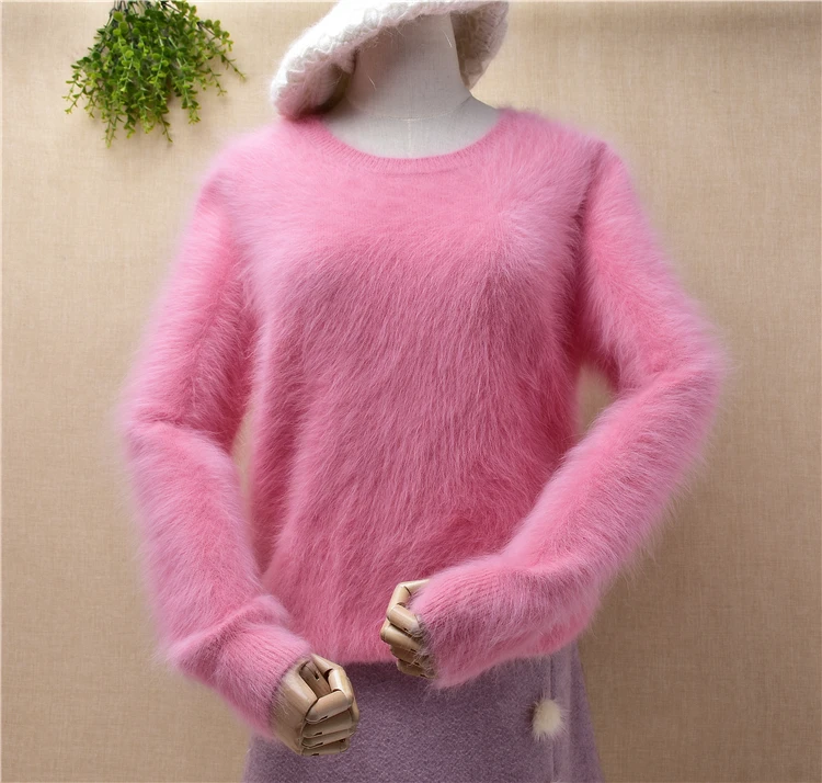 

Женский модный розовый пушистый вязаный пуловер angoa из кроличьего меха с длинными рукавами приталенный пуловер норковый кашемировый джемп...
