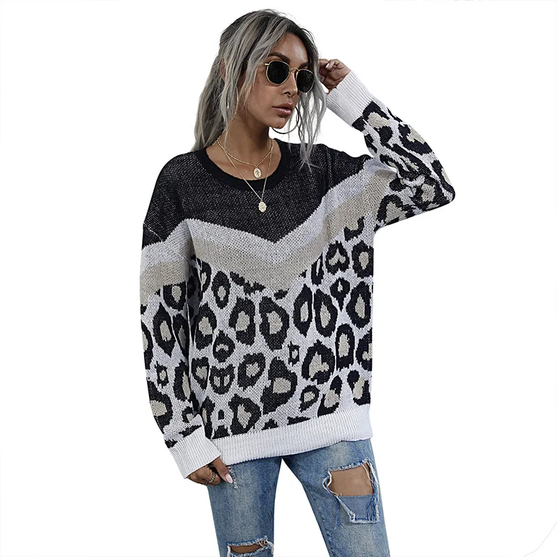 

Leopard Print Grey Black Patchwork Loose Fashion Style Pullover Streetwear O-Neck Women's Sweater Winter 2020