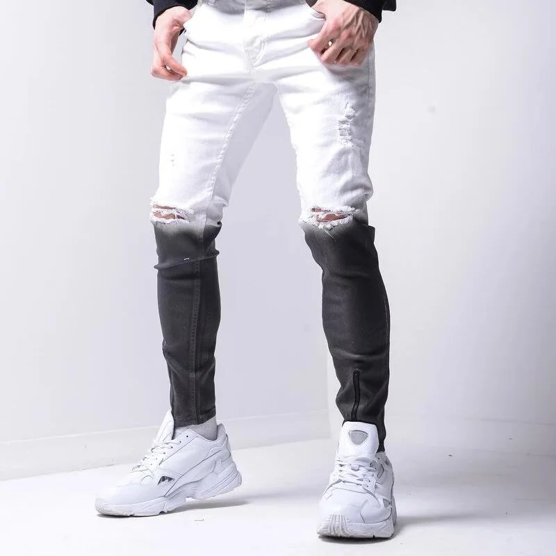 

New Men Fashion Skinny Stretch Denim Slim-Fit Ripped Pants New Men's Jeans Patch Beggar Pants Jumbo Size S-3XL