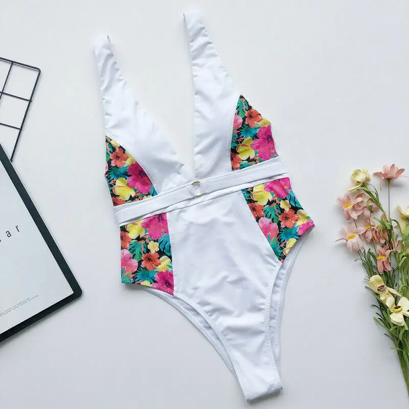 

Women's V-neck One Piece Swimsuits Swimwear Beachwear Bodysuits Bikini Monokini Bathing Suit Floral Printed High Cut Bikinis Set
