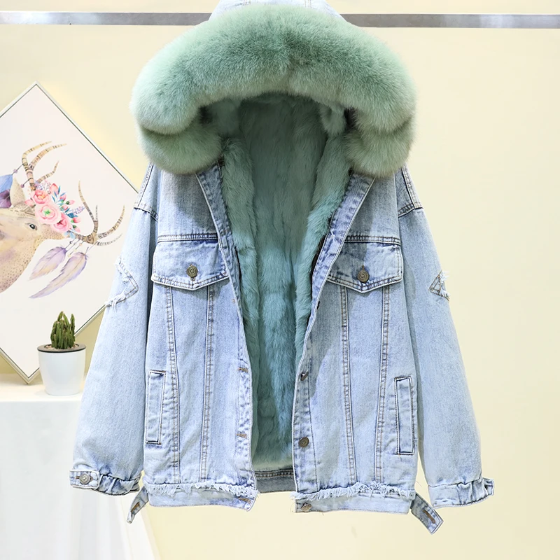 Пальто из натурального меха зимняя Свободная джинсовая куртка Женская Толстая