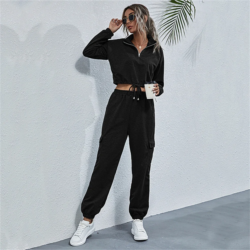 

Women's Sports Pants 2021 Lapel Zipper Pullover Cropped Wide Loose Solid Color Sweater Harem Pants Suit Fall Clothes For Women