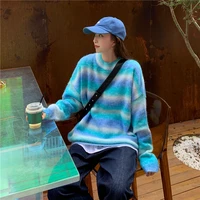 2021 women green and blue striped sweater winter o neck green stripped sweater gradient pullover knitted loose long sleeved tops
