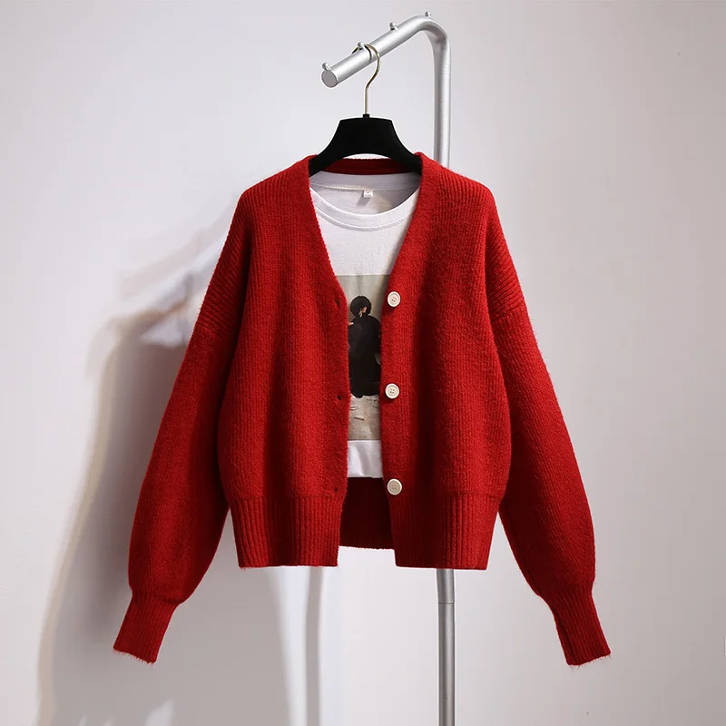 

Однотонный вязаный женский свитер, кардиган, новинка зимы 2021, v-образный вырез, длинный рукав, Повседневный, подходит ко всему, милый, красный...