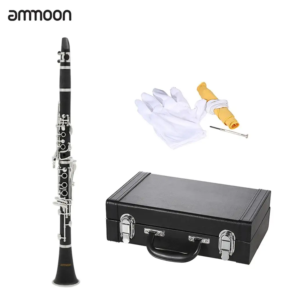 

ammoon ABS Clarinet Bb Cupronickel Plated Nickel 17 Key with Cork Grease Cleaning Cloth Gloves Screwdriver Woodwind Instrument