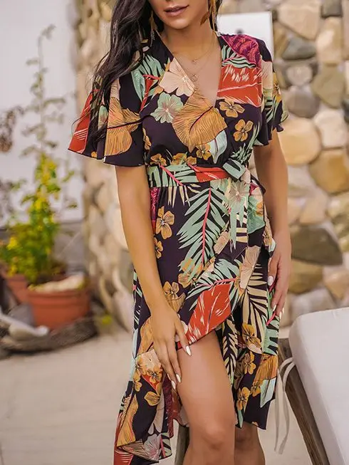 

Women'S Dress Summer Floral V-Neck High Waist Asymmetrical Ladies Dress 2021 Casual Loose All-Match Women'S Clothing