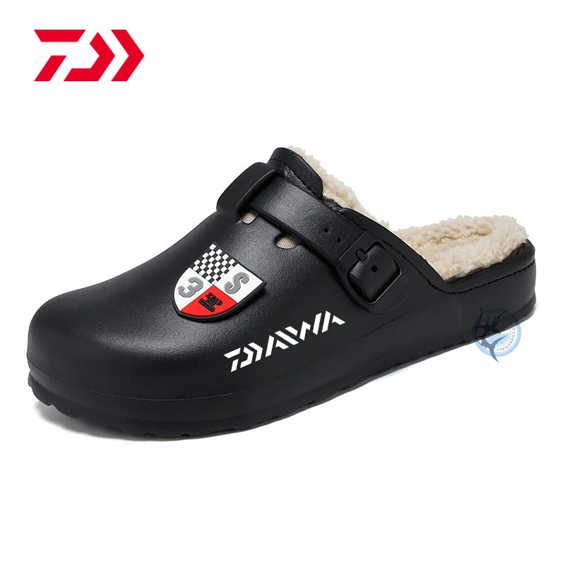 

Daiwa Men's Winter Slippers PU Warm Fluffy Cotton Indoor Shoes Fashion Outdoor Sports Non-slip Men's Home Fishing Slippers